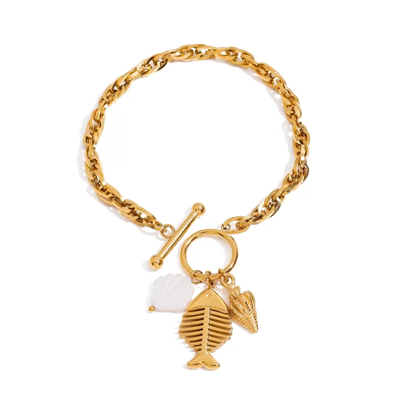 J&D Summer Holiday Style 18K Gold Stainless Steel Fishbone Conch Shell Pendant OT Buckle Bracelets