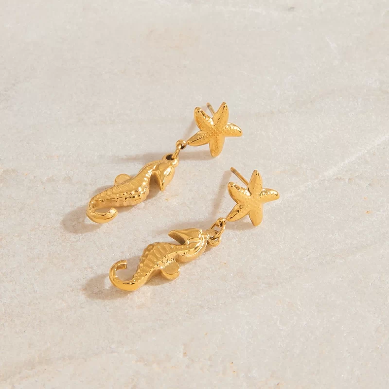 18K Gold Plated Stainless Steel Hoop Earrings Ocean Starfish Sea Horse Drop Geometric Holiday Beach Design - Image 3