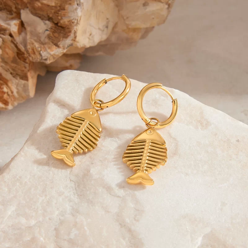 18K Gold Plated Stainless Steel Ocean Beach Summer Jewelry Sea Fish Bone Pendant Earrings - Image 4