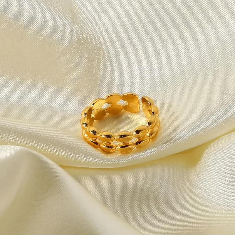 18k Gold Plated Double Layer Geometric Oval Bean Beads Open Stainless Steel Finger Rings for Woman - Image 2