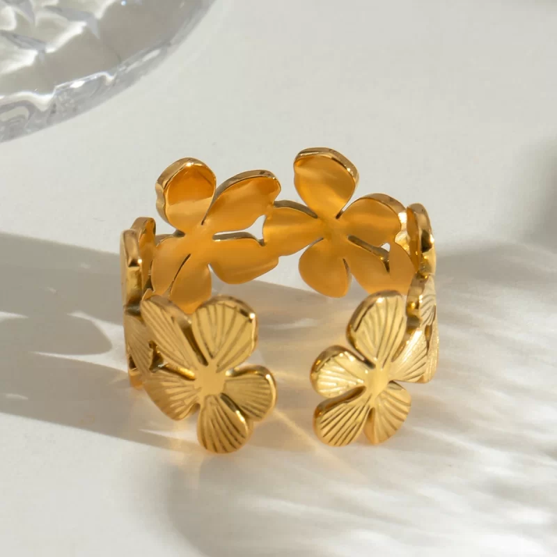 Waterproof 18k Gold Plated Stainless Steel Jewelry Five Petal Ribbed Flower Adjustable Open Ring - Image 5