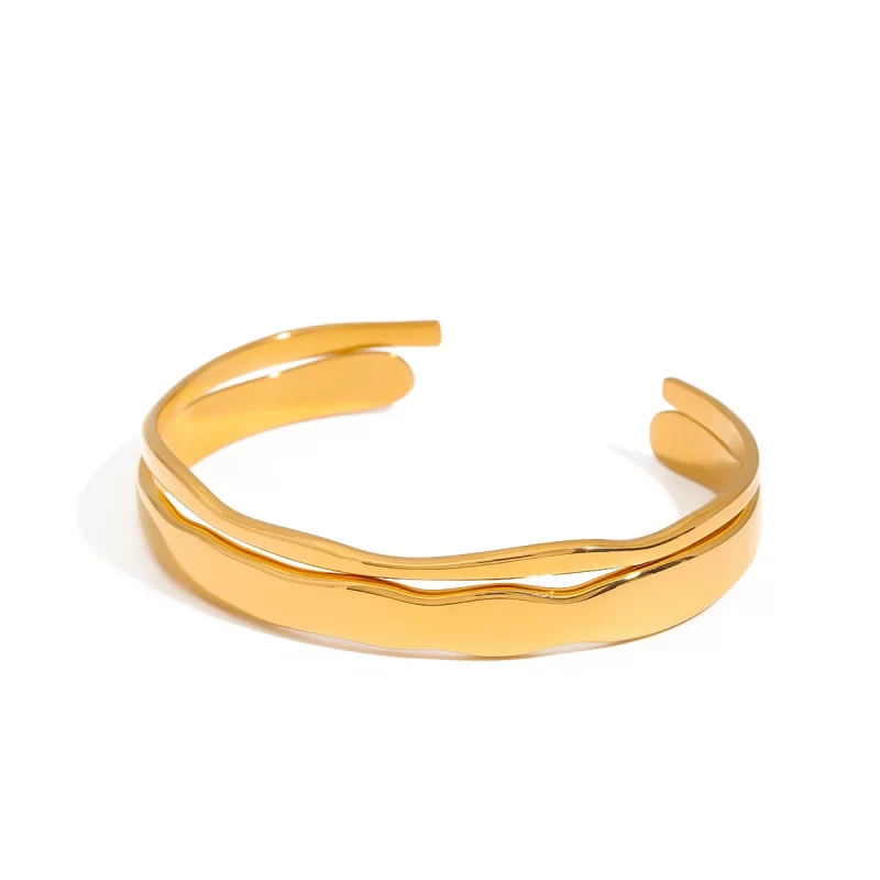 J&D Jewelry 18K Gold Plated Geometric Hypoallergenic Twist Wave Thin Matching Wide Cuff Bangle