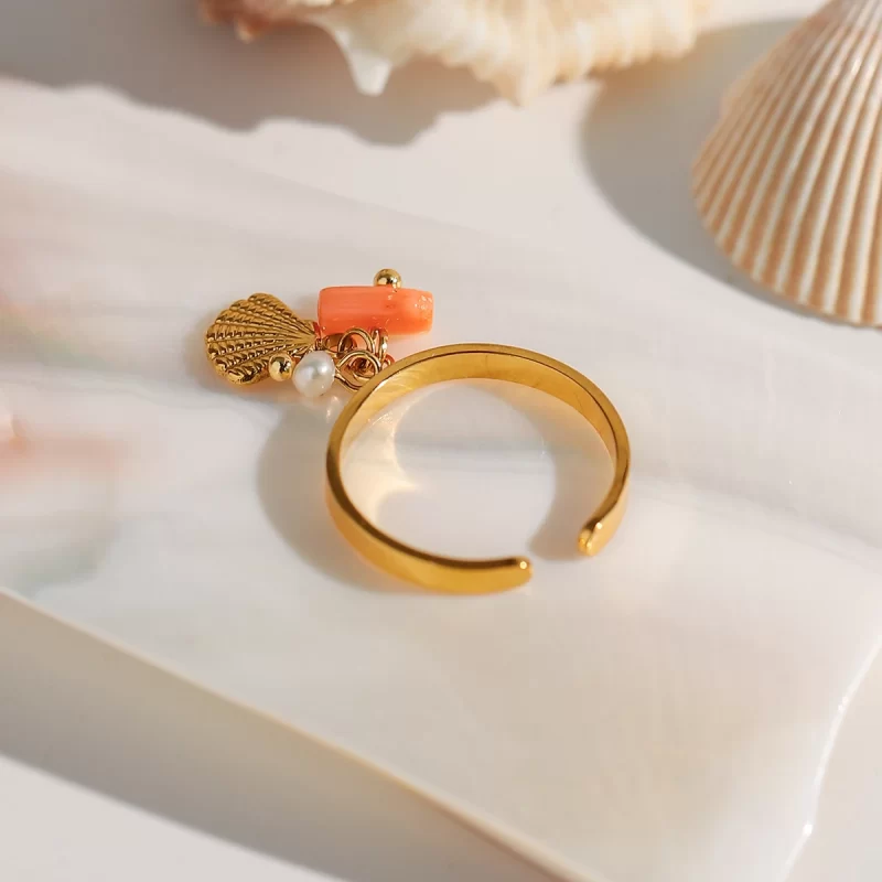 Jewelry, Eyewear, Watches & AccessoriesFashion JewelryFashion RingsJ&D Ocean Dainty 18K Gold Plated Stainless Steel Open Ring Pink Coral Crystal Shell Chain for Engagement & Party Fashion Jewelry - Image 5