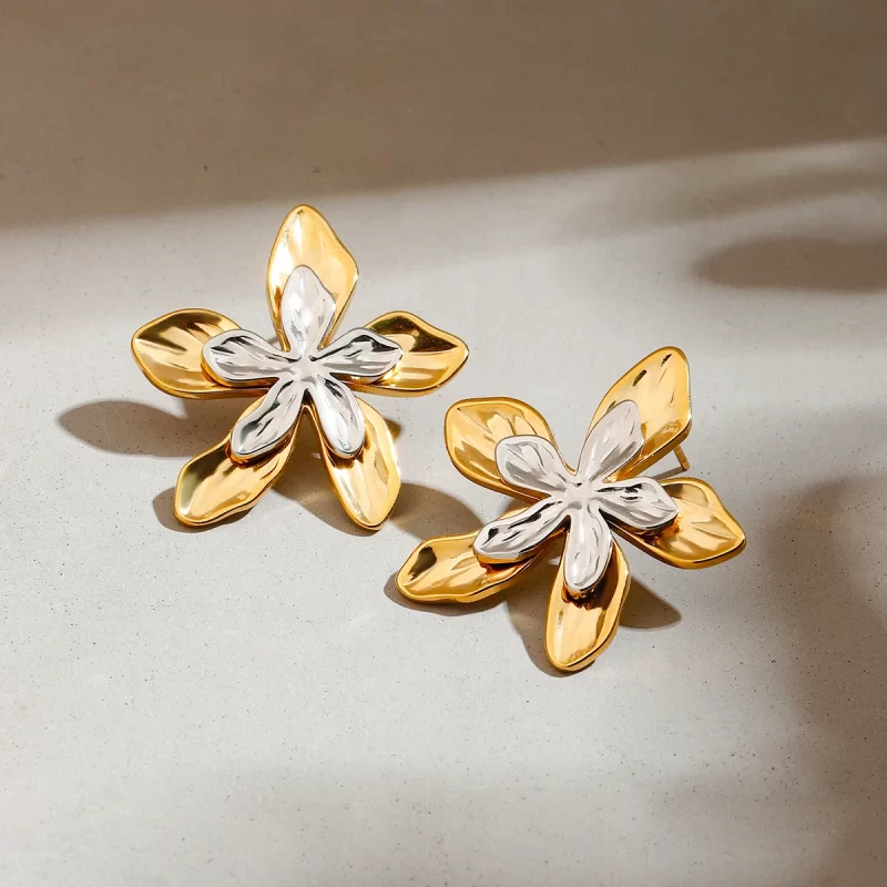 Designer Exquisite Stainless Steel Jewelry 18K Gold Two Tone Hammered Flower and Leaf Earrings - Image 5