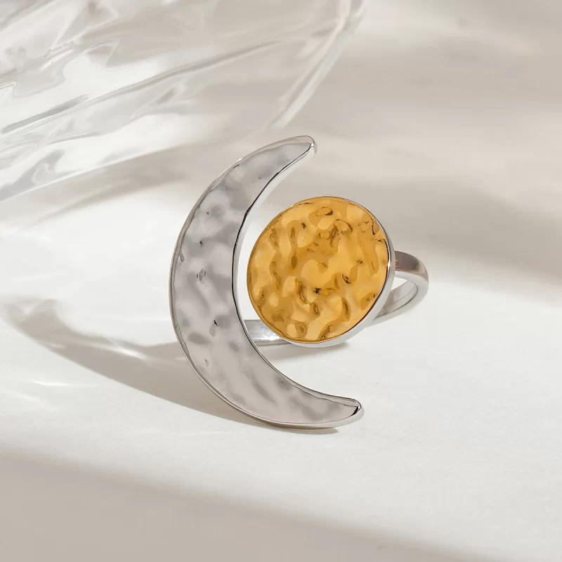 J&D Minimalist 18K Gold Stainless Steel Two Tone Color Hammered Moon Sun Adjustable Open Rings - Image 3