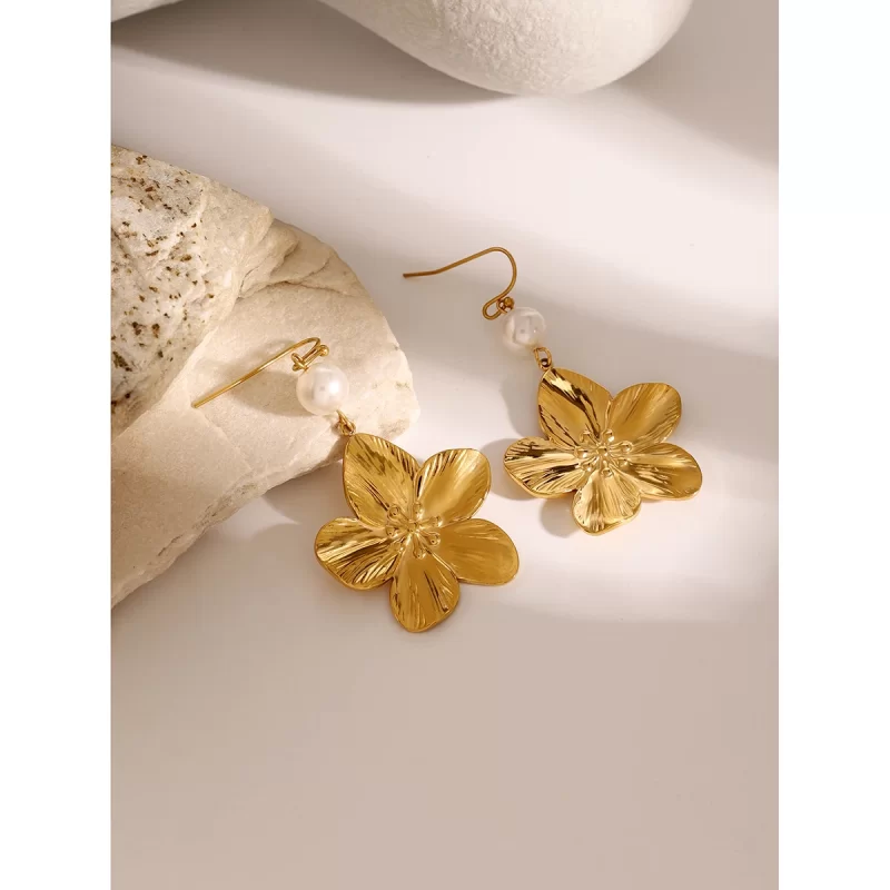 Unisex Trendy 18k Gold Stainless Steel Earrings Fashion Flower Glass Pearl Drop Jewelry - Image 3