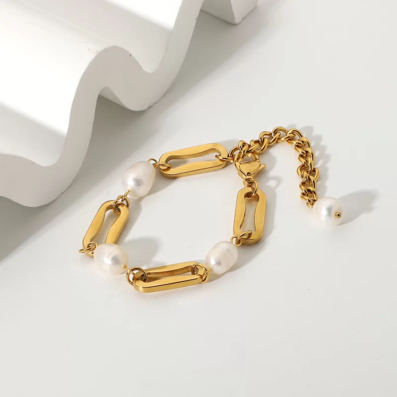 18K Gold Plated Stainless Steel Baroque Freshwater Pearl Bracelets Rectangular Link Chain Bracelet - Image 4