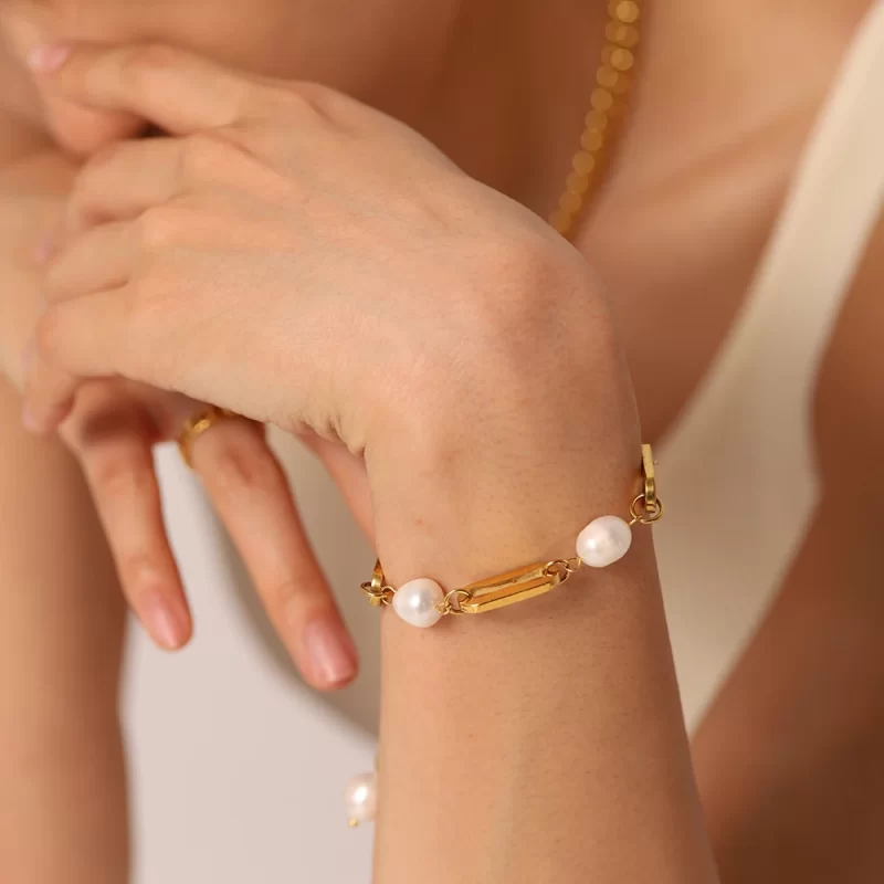 18K Gold Plated Stainless Steel Baroque Freshwater Pearl Bracelets Rectangular Link Chain Bracelet - Image 3