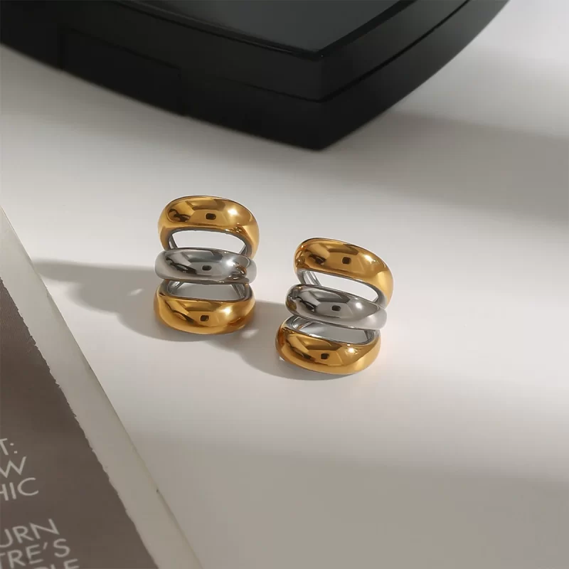 Unique Design Stainless Steel Gold Plated Stud Earrings 18K Striped Hollow Women Earrings - Image 5