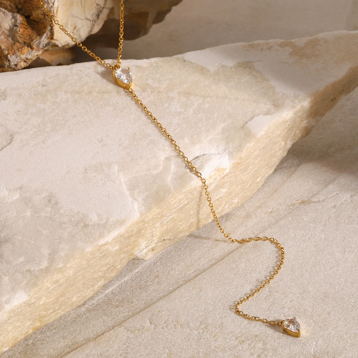 J&D Elegant Jewelry 18K Gold Stainless Steel Necklaces White Teardrop Crystal Pendant Y Necklaces