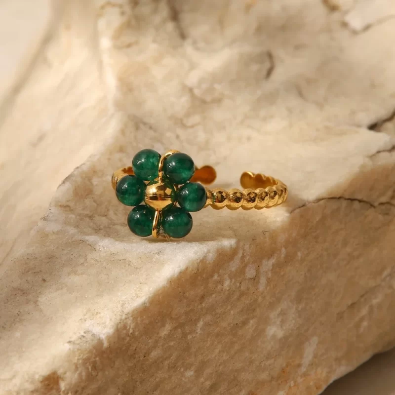 Green Sunflower Natural Stone18K Gold Plated Stainless Steel Adjustable Rings Dainty Fashion Jewelry Rings - Image 4