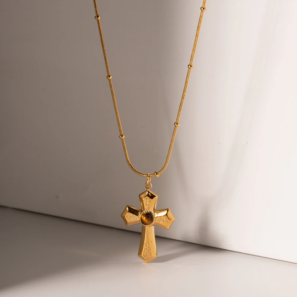 J&D Religious Stainless Steel Necklaces Gold Plated Texture Hammer Tiger's Eye Cross Pendant Necklace
