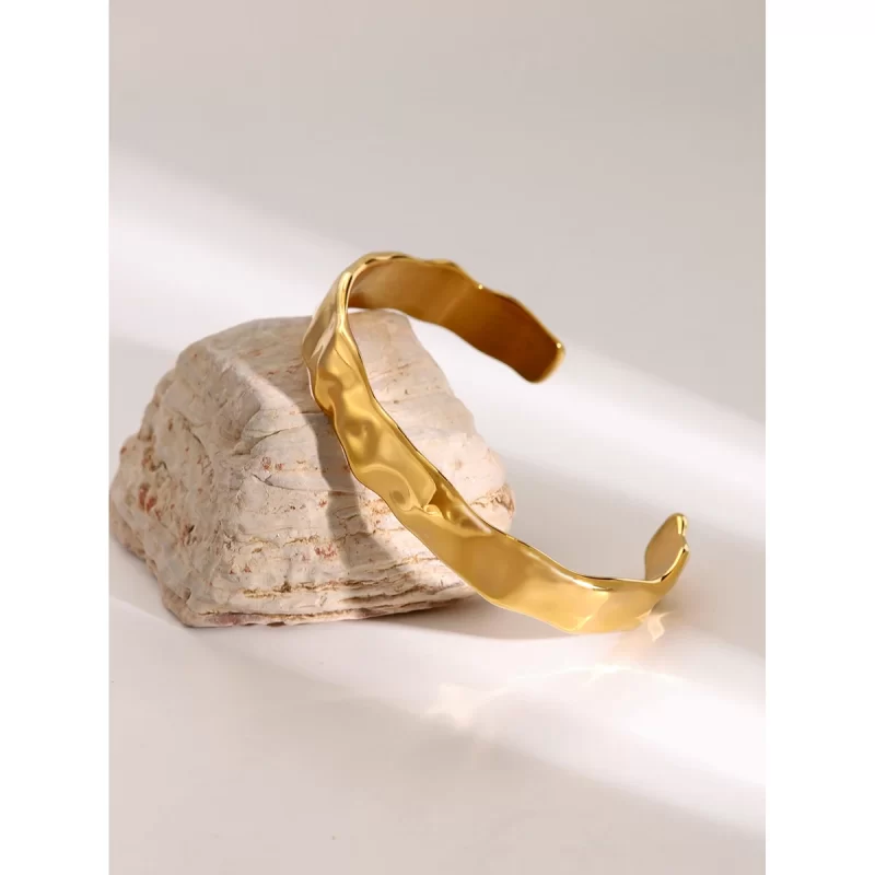 J&D 18k Gold Stainless Steel Textured Surface Open Bangle Bracelet - Image 3