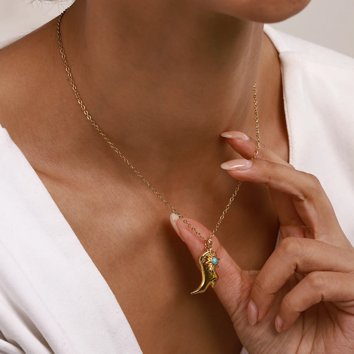 18k gold stainless steel + turquoise/turquoise star inlaid + patterned boot pendant necklace 42+5cm