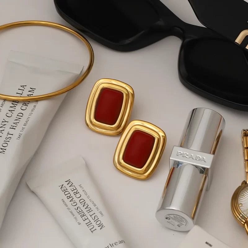 Women Style Retro Style 18K Gold Stainless Steel Red Agate Square Round Red Agate Earrings - Image 5