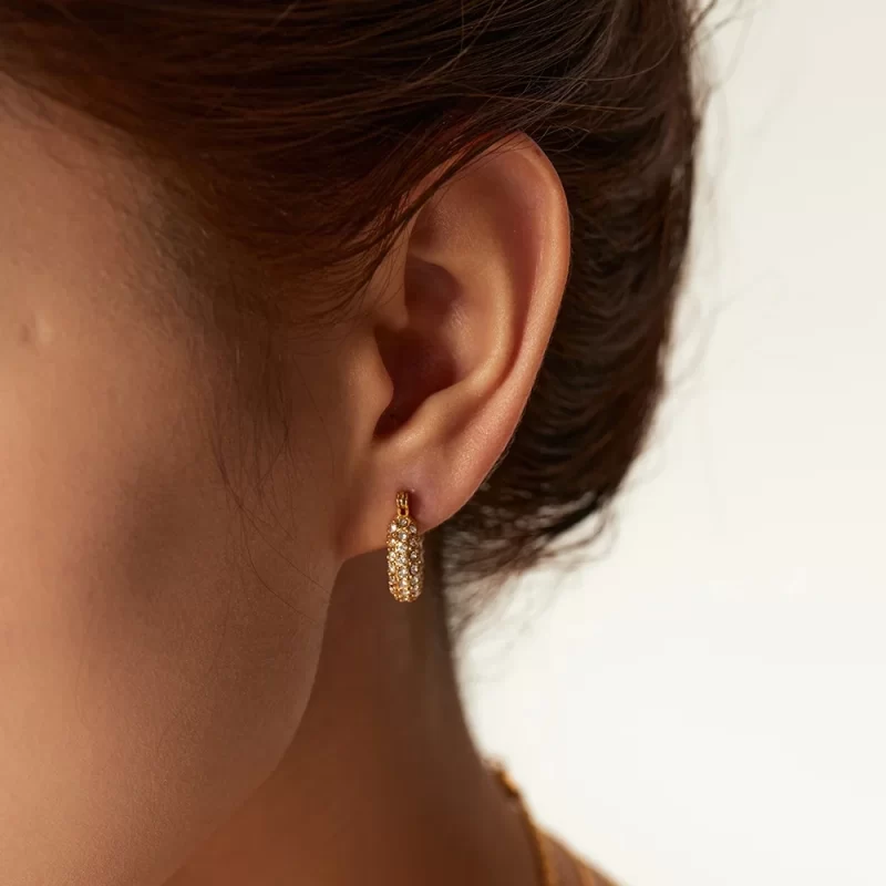 18k Gold Plated Stainless Steel Classic Hammered Shape Cubic Zirconia Hoop Earrings for Ladies - Image 3