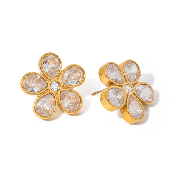 Stainless Steel Earring Women Earring Daisy Flower Fashion Jewelry Stud Post CZ 18K Gold Crystal Stone Flower Shape Stud