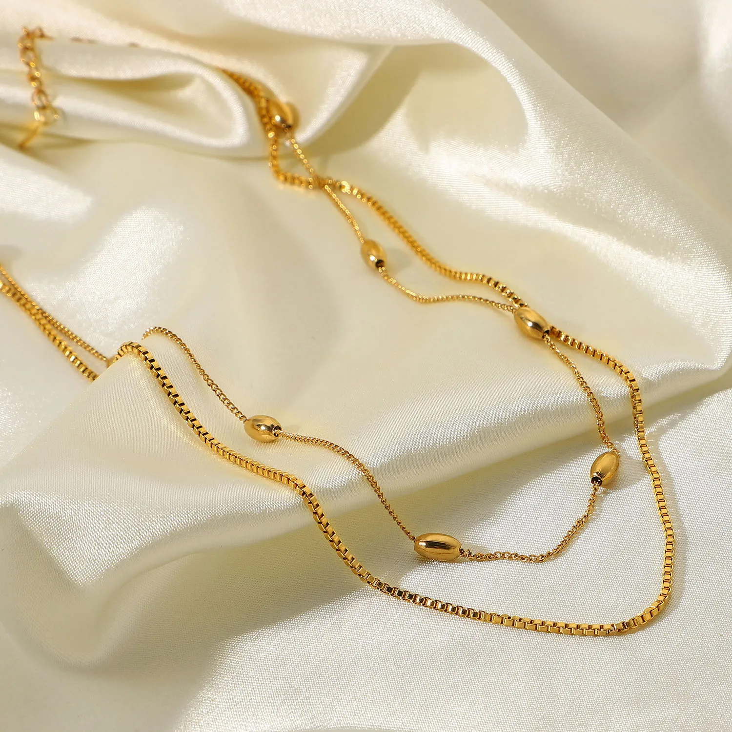 18k Gold Small Cube Collar Stainless Steel Double Layered Necklace Oval Ball Beads Chain Choker Necklace