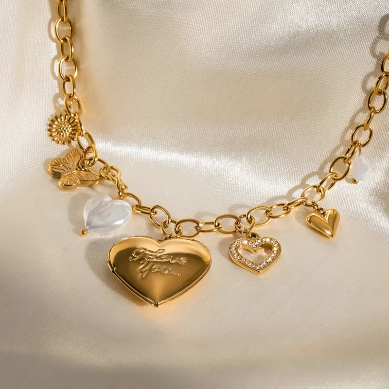 J&D 18k Gold Stainless Steel Imitation Shell Pearl White Diamond Engraved Love Photo Box Necklace - Image 4