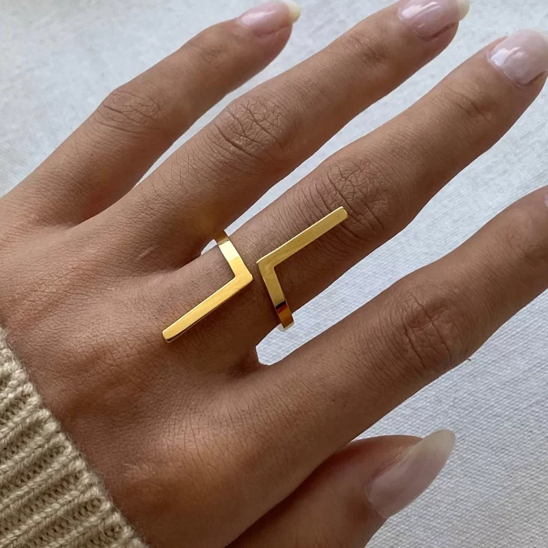 J&D Minimalist Women Jewelry 18K Gold Plated Stainless Steel Exaggerated Geometric Open Adjustable Ring - Image 2