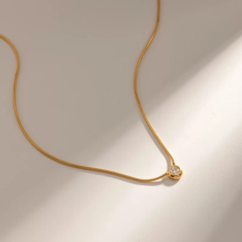 J&D Jewelry Dainty Style Stainless Steel Snake Chain Circle CZ Zirconia Pendant Necklace for Women - Image 4
