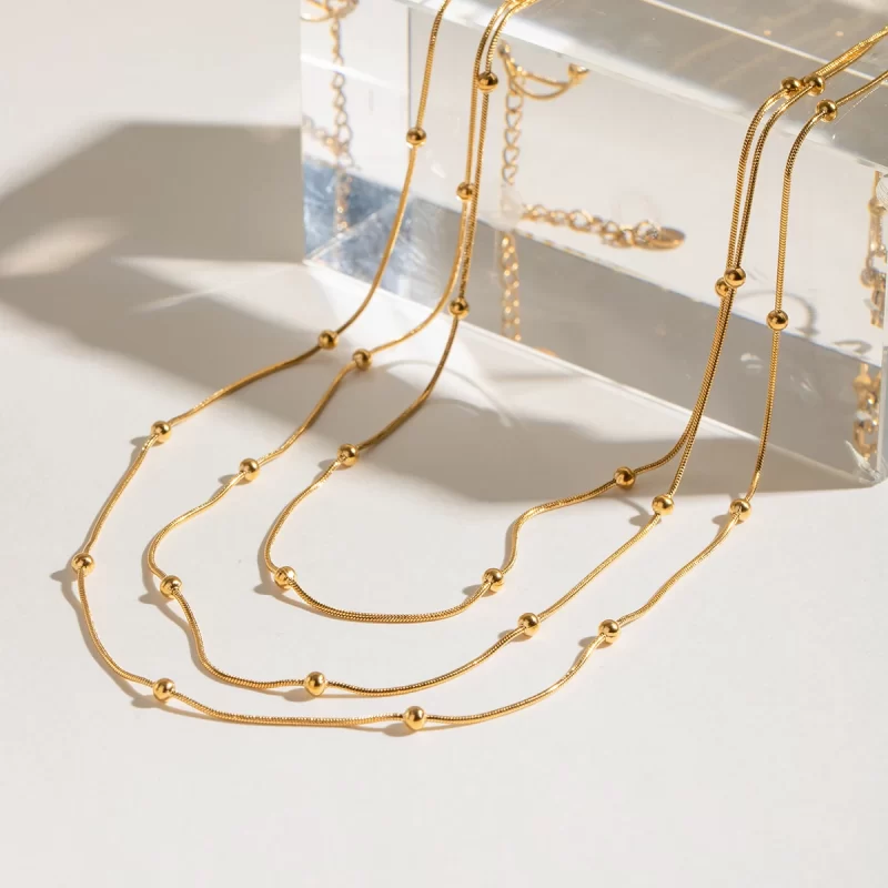 J&D Triple Layer Beaded Chain Necklace 18k Gold Plated Stainless Steel Simple Minimalist Modern Design - Image 5