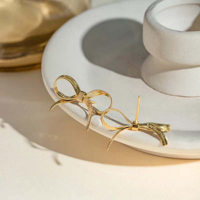 Snake Chain Bow Stud Earring 18K PVD Gold and Silver Plated Stainless Steel Fancy Bow Drop Earring for Women - Image 3