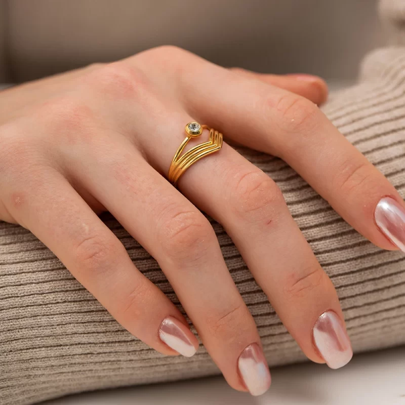 Charm Stainless Steel 18K Gold Plated Opening Ring Gift Cubic Zirconia Mulit Layer V Shaped Rings - Image 2