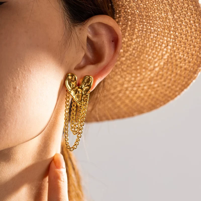 18K Gold Plated Dainty Hammer Heart Shape Earring Lava Irregular Tassel Stud Trendy Stainless Steel Stud Earring - Image 3