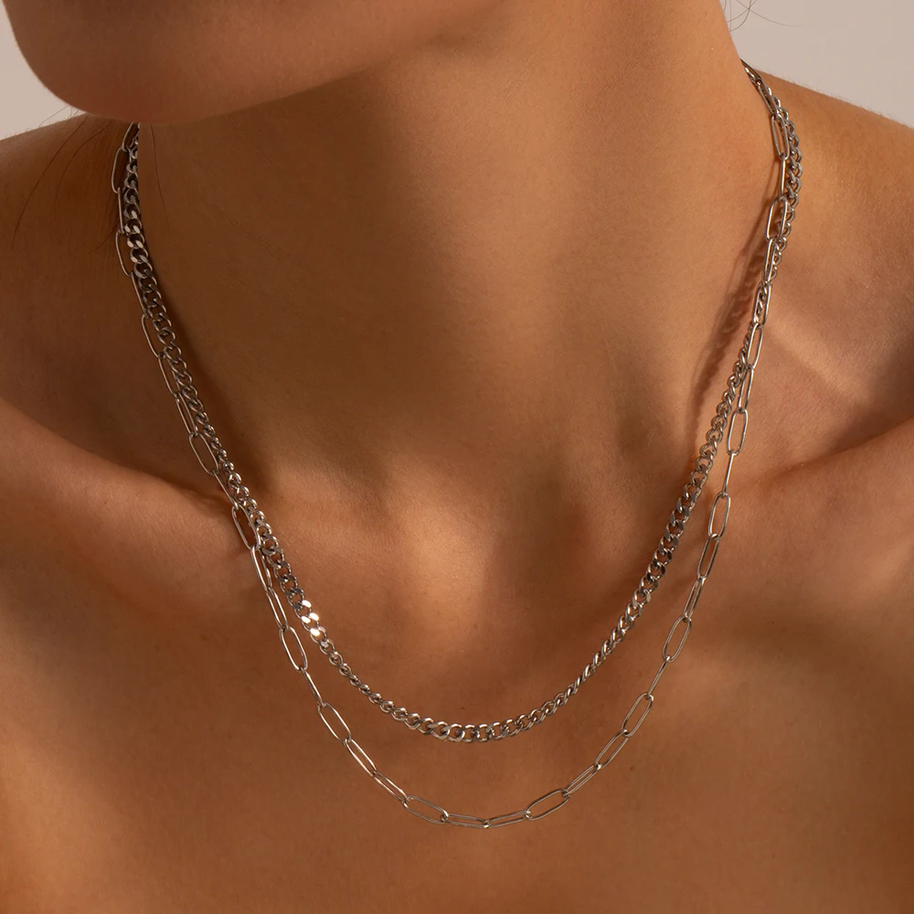 Minimalist 2 Layer Link Cuban Chain Retro18K Real Gold Plated Stainless Steel Chain Necklace