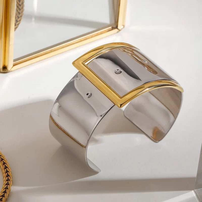 J&D Modern Minimalist 18K Gold Stainless Steel Gold Silver Two-Tone Belt Buckle Open Cuff Bracelet for Women - Image 2