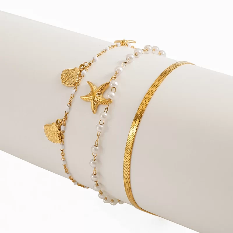 J&D Ocean Summer 18K Gold Plated Stainless Steel Bracelet Starfish Shell Pearl 3pcs/set Bracelets Holiday Wearing - Image 4