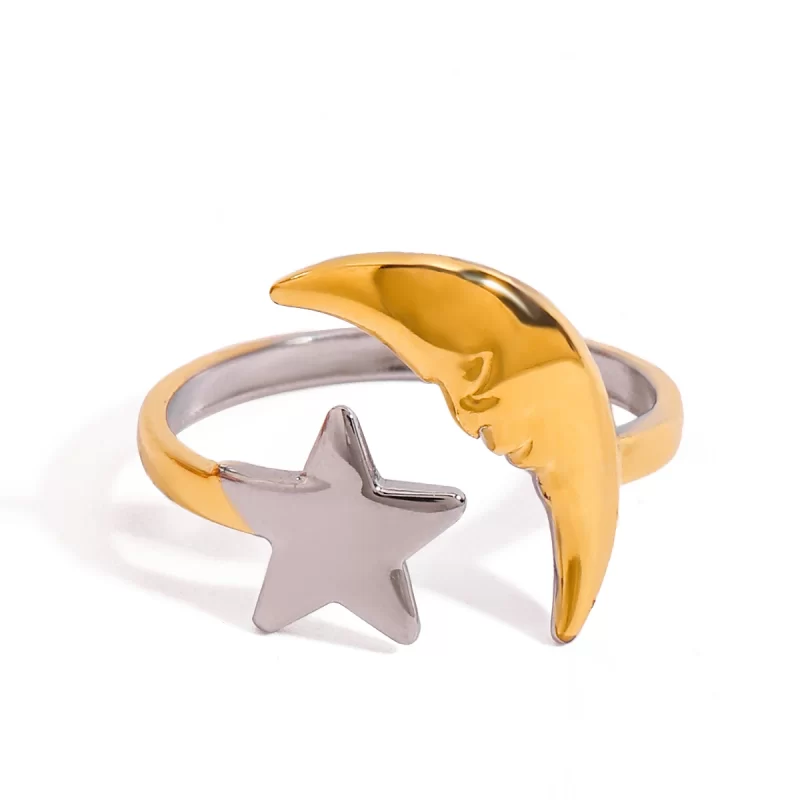J&D 18k Gold Plate Stainless Steel Trendy Minimalist Moon Star Ring Resizable Jewelry Adjustable Ring