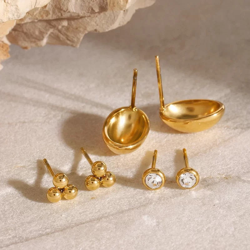18k Gold Stainless Steel Jewelry White Zircon Hollow Oval and Steel Ball Ear Clips Set of 3 Fashion Jewelry - Image 5