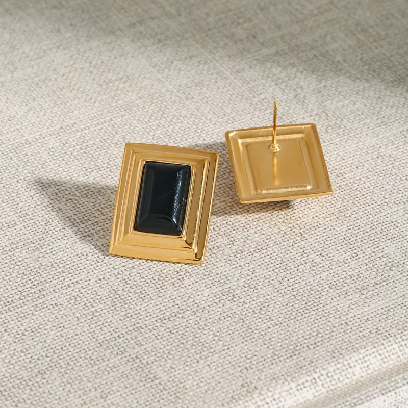 Retro Style 18K Gold Stainless Steel Black Onyx Rib Square Black Onyx Earrings - Image 5