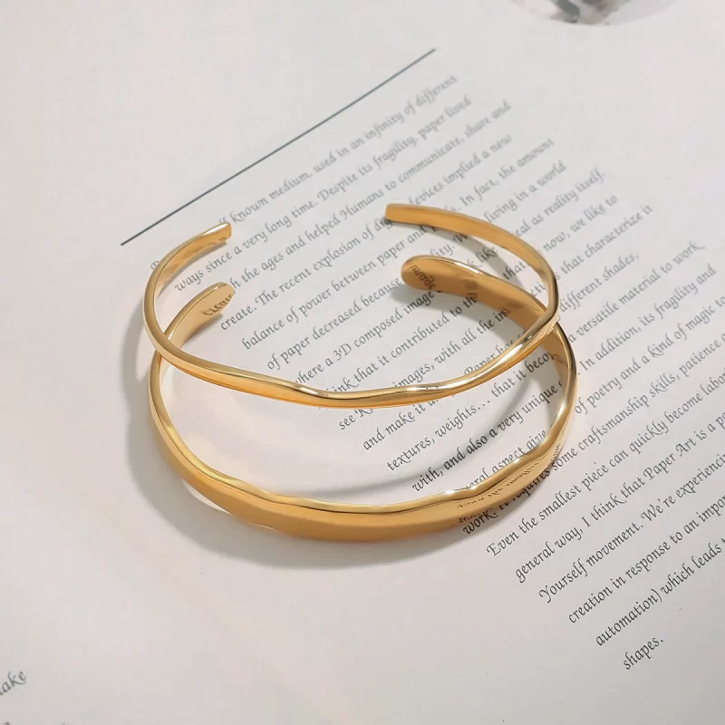 J&D Jewelry 18K Gold Plated Geometric Hypoallergenic Twist Wave Thin Matching Wide Cuff Bangle - Image 4