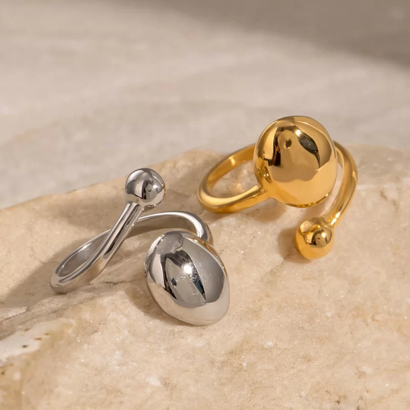 J&D Simple Design Stainless Steel 18K Gold Plated Rings Asymmetric Oval Hemisphere Polished Open Rings - Image 3