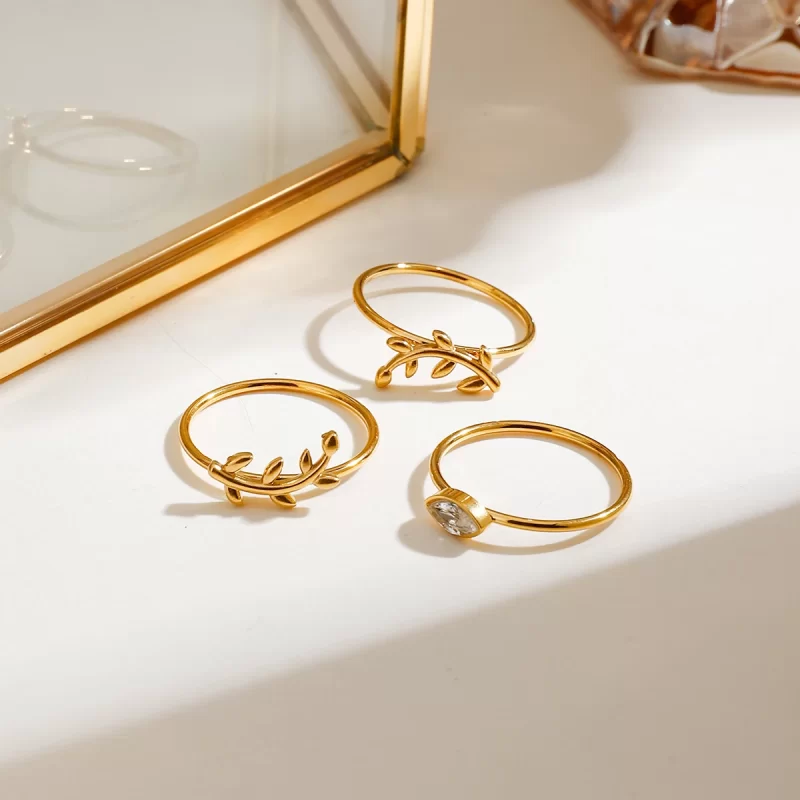J&D 18K Gold Stainless Steel White Diamond Marquise Shaped Diamond and Leaf Eye Stackable Rings Set - Image 4