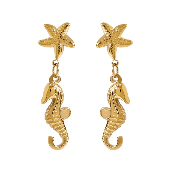 18K Gold Plated Stainless Steel Hoop Earrings Ocean Starfish Sea Horse Drop Geometric Holiday Beach Design