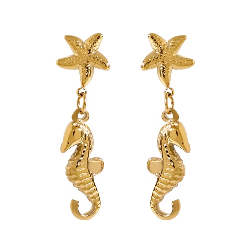 18K Gold Plated Stainless Steel Hoop Earrings Ocean Starfish Sea Horse Drop Geometric Holiday Beach Design