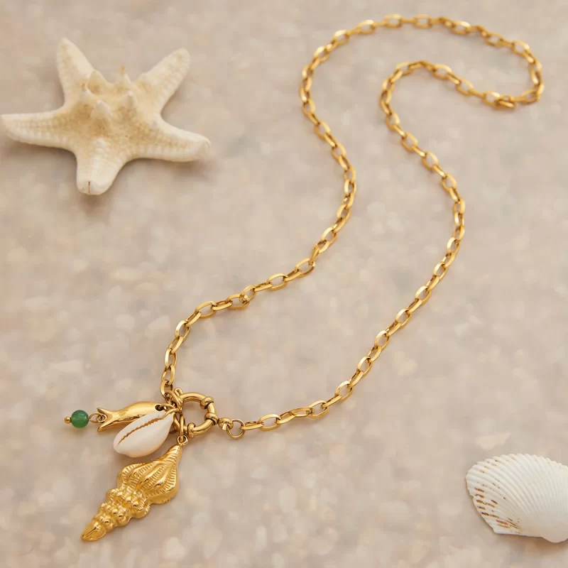 J&D Ocean Beach Natural Shell Agate Fish 18K Gold Plated DIY Charm Necklace Waterproof Stainless Steel Trendy Link Chain - Image 5