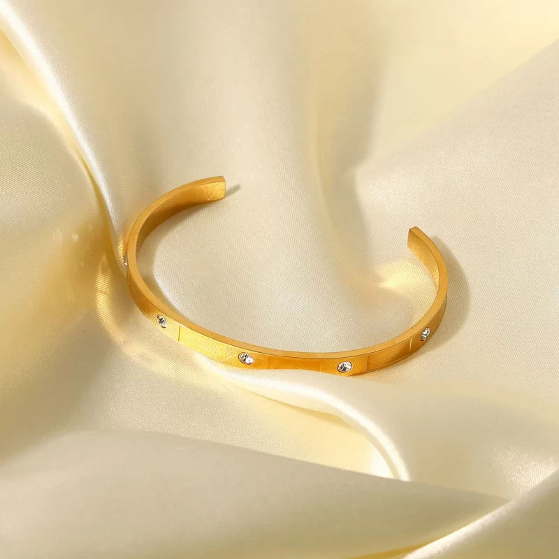 Non-tarnish Stainless Steel Bangle Round Zircon Inlaid Rectangular Alternating Bracelet for Women - Image 4
