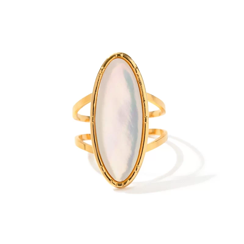 INS Style Waterproof Jewelry 18k Gold Plated Oval Geometry Natural White Shell Open Ring for Women