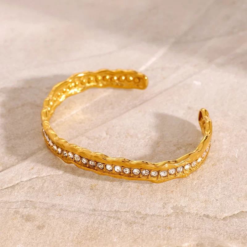J&D White Rhinestone ZIRCON Irregular Hammer Wave Bracelet 18K PVD Plated Stainless Steel Bracelet for Women - Image 2