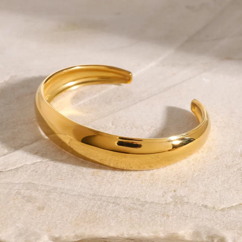J&D 18k Gold Stainless Steel Open Bangle Bracelet Trendy Minimalist Accessory with Polished Convex Surface - Image 4