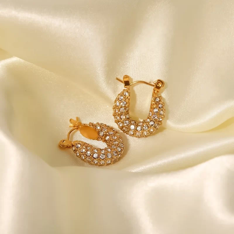 18k Gold Plated Stainless Steel Classic Hammered Shape Cubic Zirconia Hoop Earrings for Ladies - Image 5