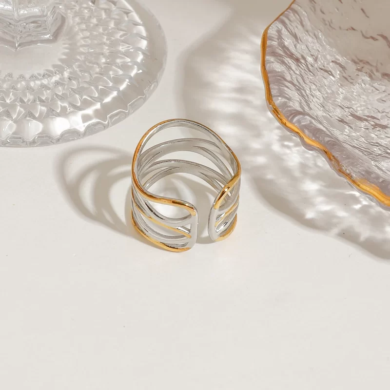J&D Tarnish Free Jewelry Hypoallergenic Stainless Steel 18k Gold Plated Silver Color Two Tone Irregular Open Rings - Image 5