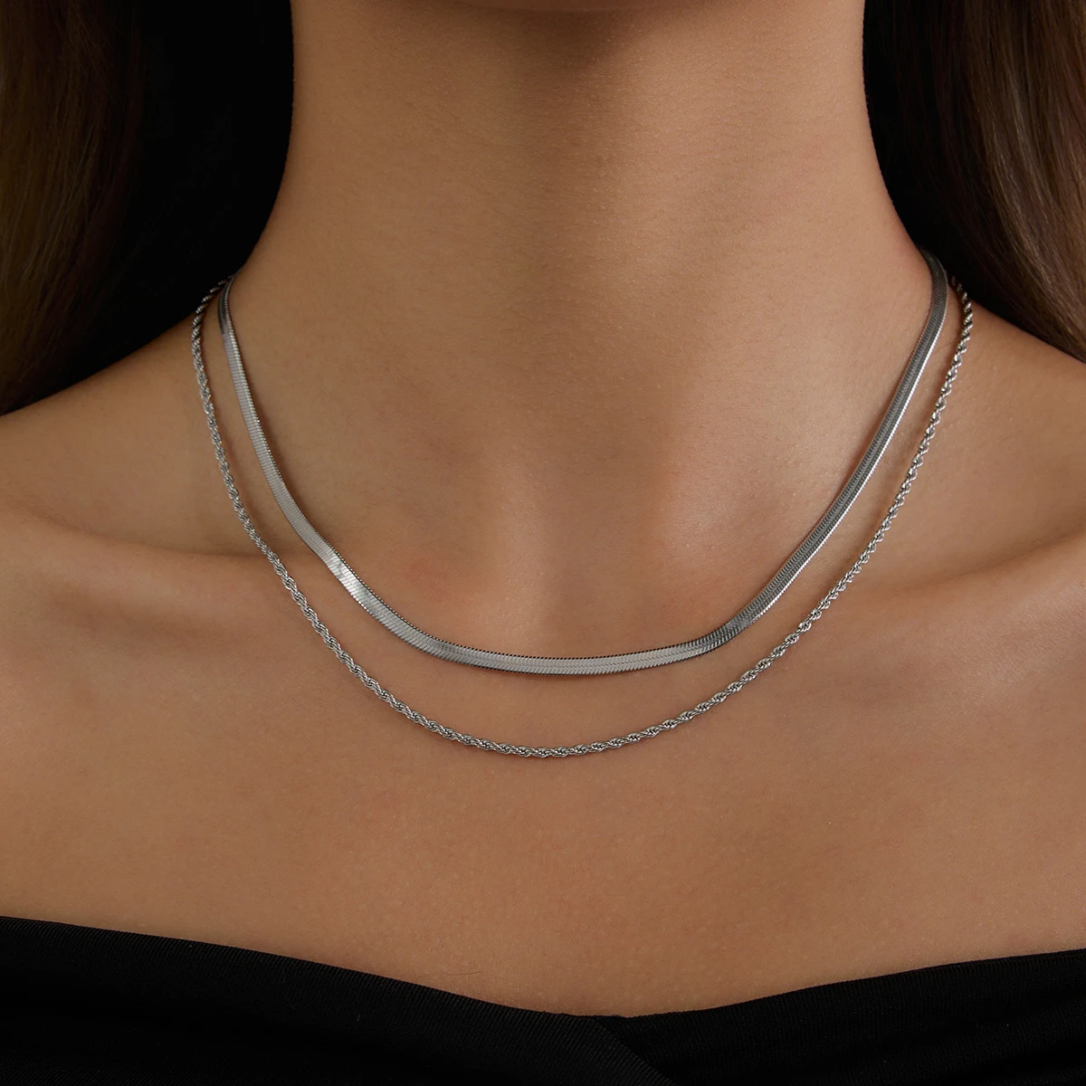 J&D Jewelry Waterproof 18K PVD Gold Plating Also Silver Colorway Two Layers Rope Flat Snake Chain Necklace