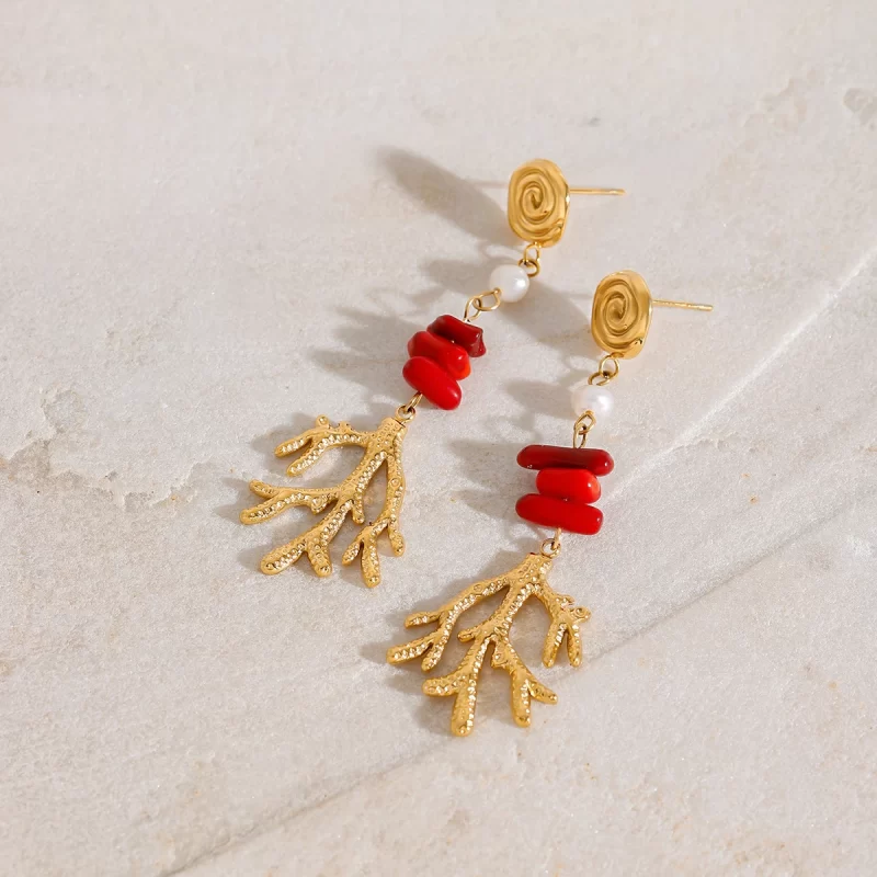 Ocear Style 18K Gold Stainless Steel Red Coral Red Agate Hammered Freshwater Pearl Long Earrings - Image 2