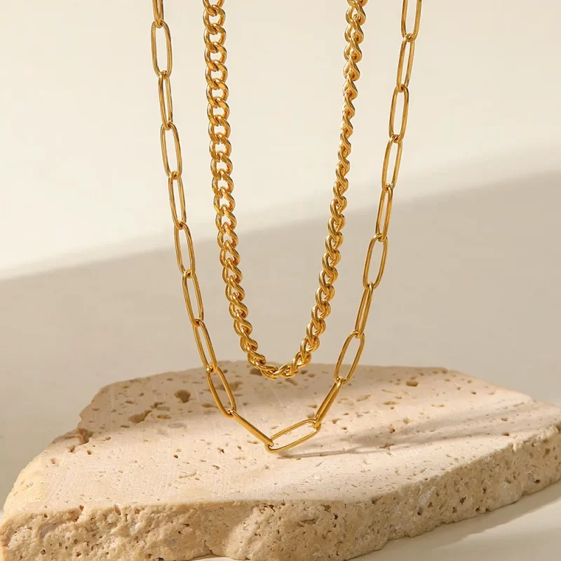 Minimalist 2 Layer Link Cuban Chain Retro18K Real Gold Plated Stainless Steel Chain Necklace - Image 4